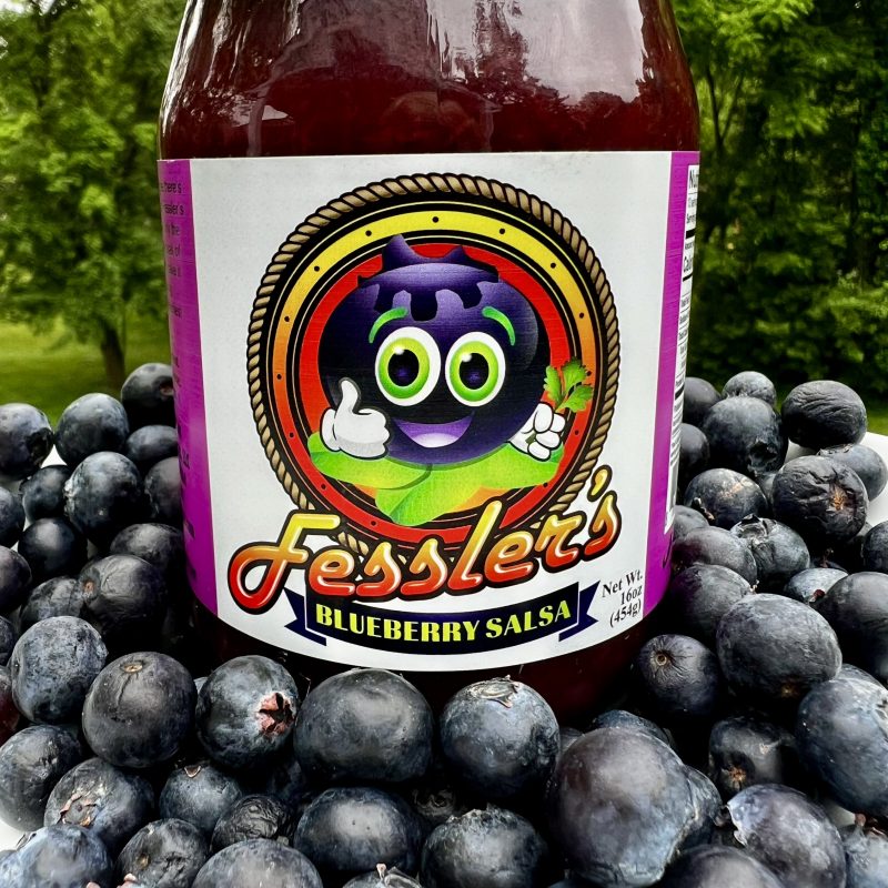 A vibrant bowl of Fessler’s Limited Edition Blueberry Salsa, featuring fresh blueberries.